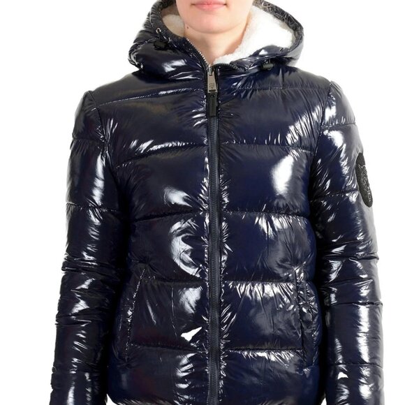 Plein Sport Women's Navy Reversible Sherpa Logo Print Parka Jacket US M IT 42